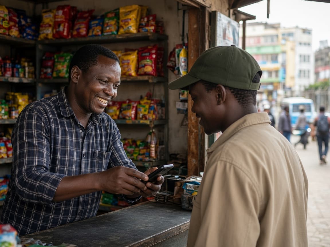 A kiosk attendant helping a customer top up a phone