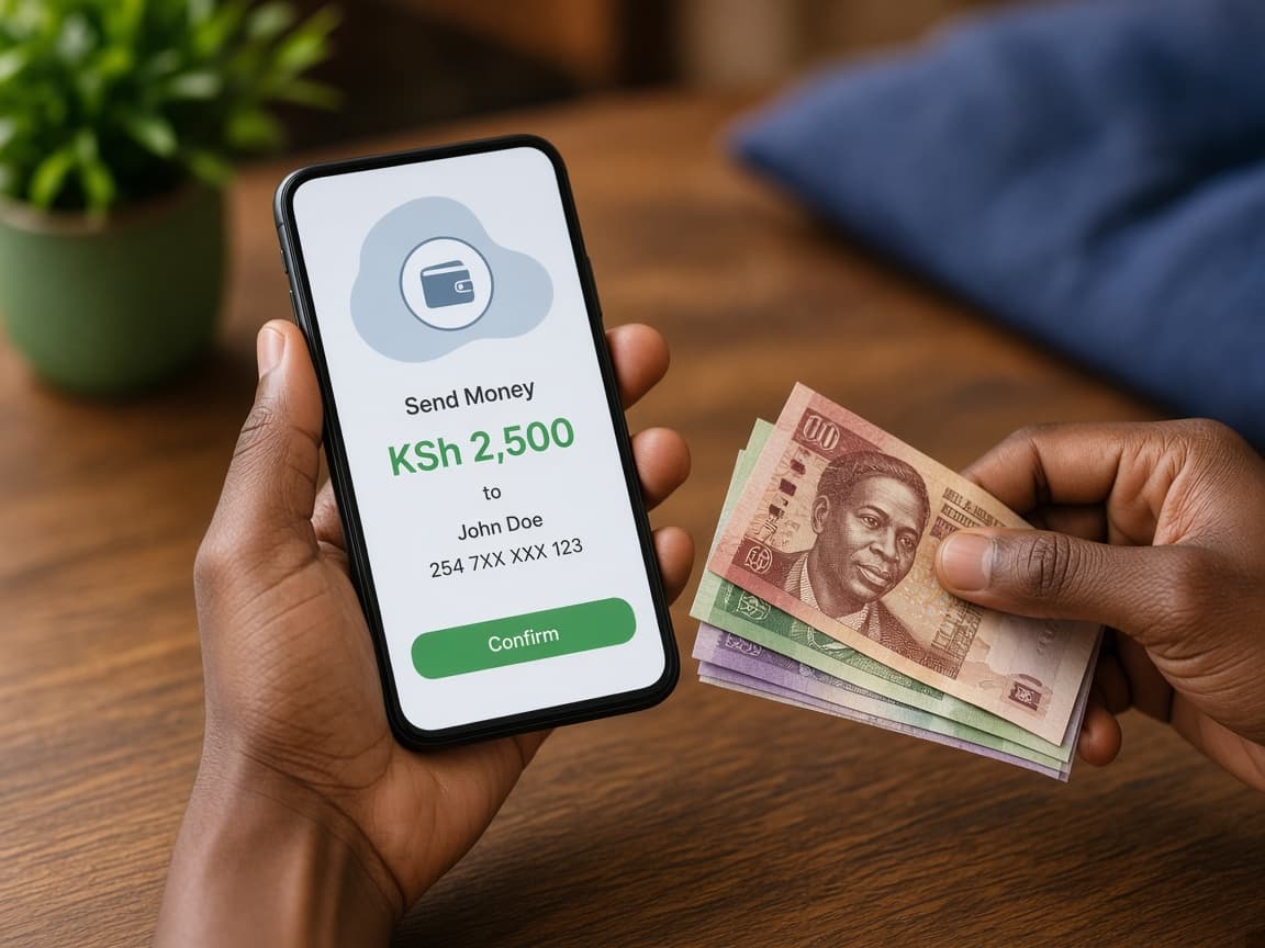 Hands exchanging cash while completing a mobile transfer