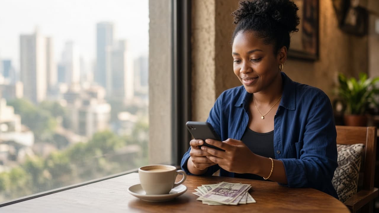 A customer using a phone to move airtime value into cash