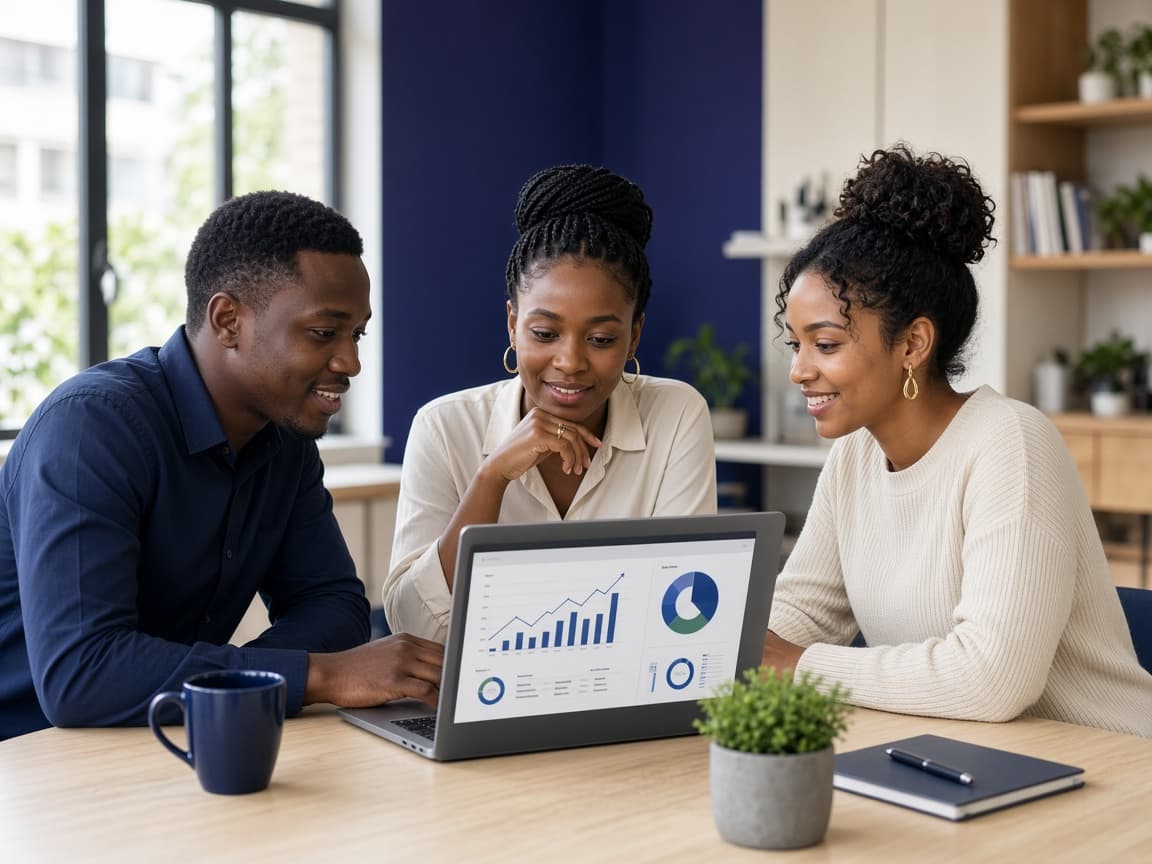 Partners reviewing an affiliator dashboard in a co-working space